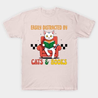 Cute Easily Distracted by Cats and Books T-Shirt